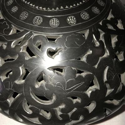 Asian Reticulated Black Vase Signed
