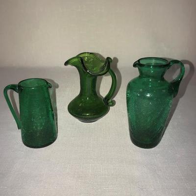 Olive Crackle Glass Pitchers Lot of 3