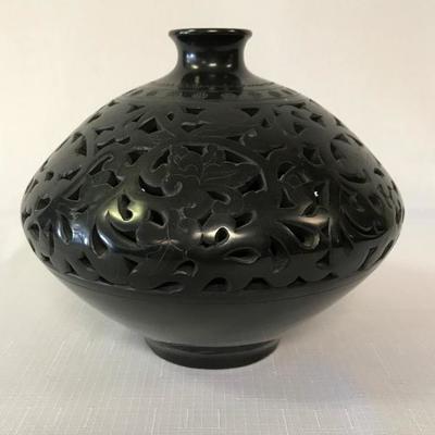 Asian Reticulated Black Vase Signed