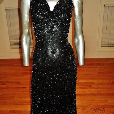 Vtg silk Onyx maxi gown with train extremely heavy beaded bias cut