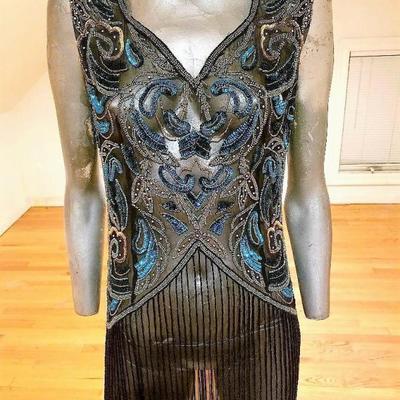 Vtg silk hand beaded layering flapper maxi dress on chiffon back slit 