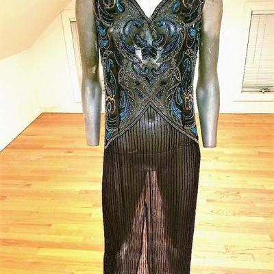 Vtg silk hand beaded layering flapper maxi dress on chiffon back slit 