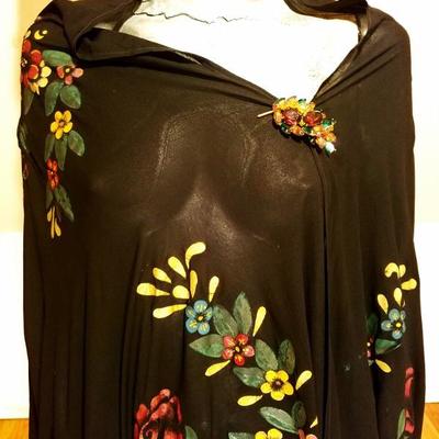  French 1930's hand painted Rare silk Shawl/Pareo crystal Brooch fringes large  