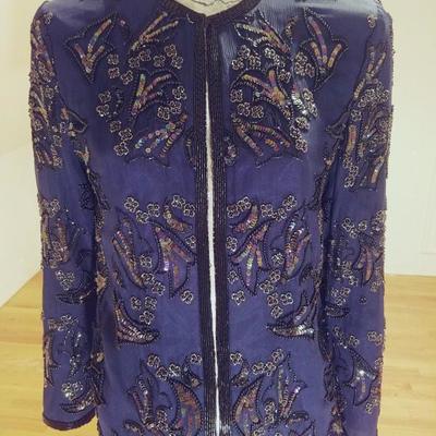 Vintage Cobalt blue silk embellished beads/sequins tunic open Jacket 