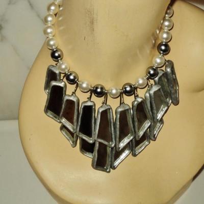 Vtg 1960's Gun Metal Necklace hanging mirrors on resin choker style with pearls