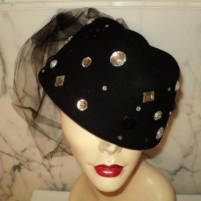 Vtg 1950's fascinator Breton wool felt hat stones