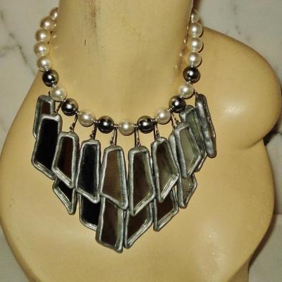 Vtg 1960's Gun Metal Necklace hanging mirrors on resin choker style with pearls