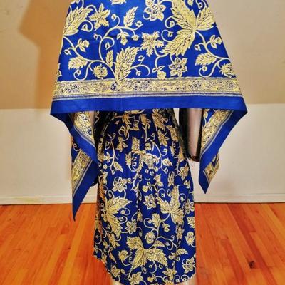Vtg 1940's Polynesian hand painted print batik dress with long shawl ensemble