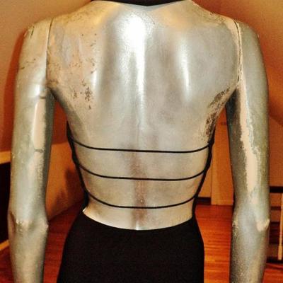 Vtg Cache' Body Con maxi dress silver front bar open piped plunge back