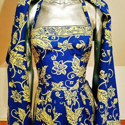 Vtg 1940's Polynesian hand painted batik style dress w/long shawl