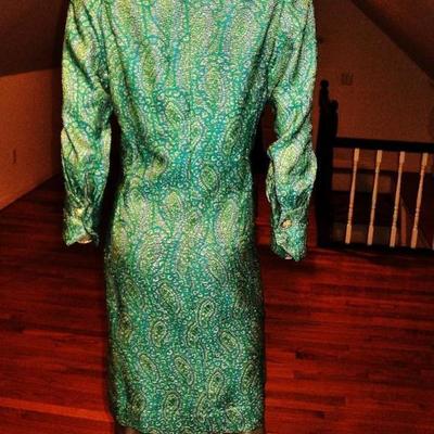 Vtg 1960's Metallic brocade coat dress aqua with gold rhinestone buttons