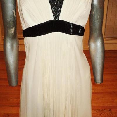 Carmen Marc Valvo silk empire grecian fluid pleat halter gown buggle bead/lace