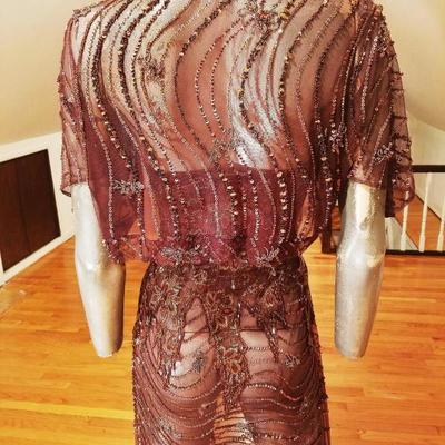 Vtg 1970's Layering lace gown w/bolero gold embossed and beaded 