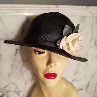 vtg Adolfo tilt brim straw hat millinery flower 