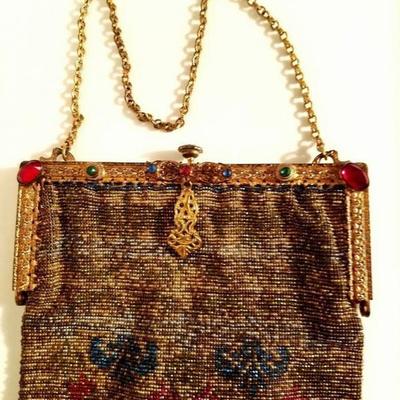 Antique edwardian French Jeweled micro beaded gilded bag w/fringes