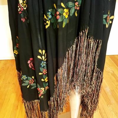  French 1930's hand painted Rare silk Shawl/Pareo crystal Brooch fringes large  