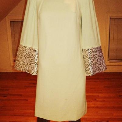 vtg 1950's mod Trapeze embellished dress bell sleeves metal zipper gold sequins