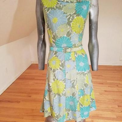 Vtg 1940's wiggle panel jersey dress floral print buckle belt