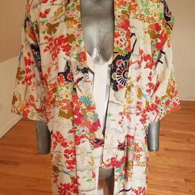 Vtg 1940's Japanese Haori Hand painted raw silk kimono Shibori art gold