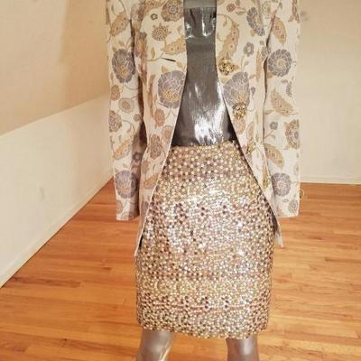 Vtg Albert Nipon 3pc skirt suit metallic lame' top sequin skirt