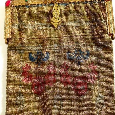 Antique edwardian French Jeweled micro beaded gilded bag w/fringes