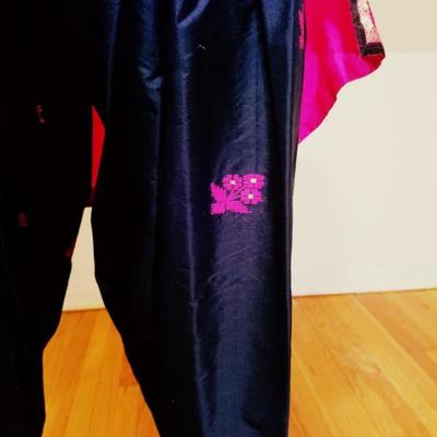 Vtg 1940's Polynesian raw silk Tunic and Pant ensemble hand embroidery/mirrors