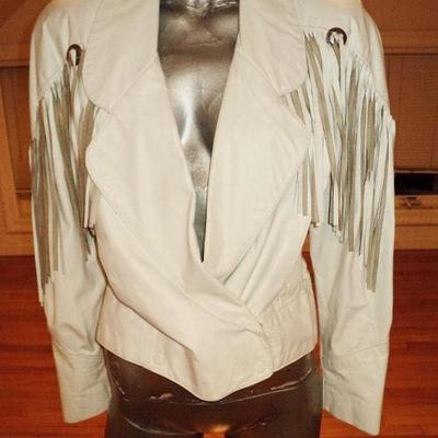 Vtg Western leather white fringe jacket metal silver hardware