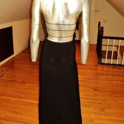 Vtg Cache' Body Con maxi dress silver front bar open piped plunge back