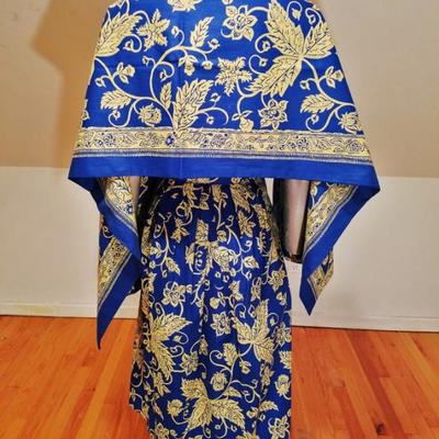 Vtg 1940's Polynesian hand painted print batik dress with long shawl ensemble
