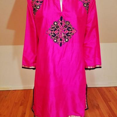 Vtg 1940's Polynesian raw silk Tunic and Pant ensemble hand embroidery/mirrors