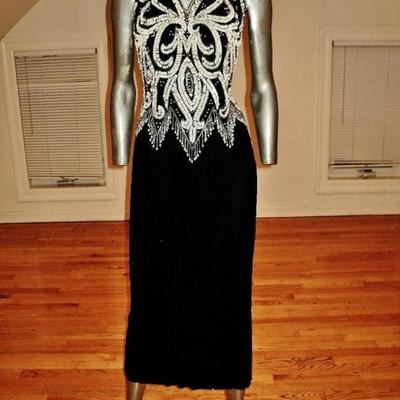 Vtg Jovani silk halter maxi all beaded & sequined black & white Gown