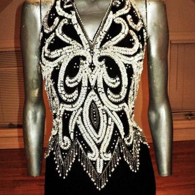 Vtg Jovani silk halter maxi all beaded & sequined black & white Gown