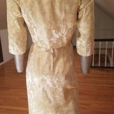 Vtg 1940's gold Brocade dress/jacket  ensemble large button metal zip