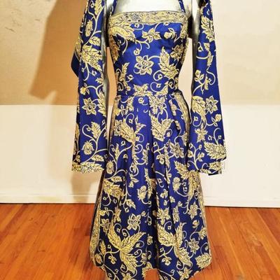 Vtg 1940's Polynesian hand painted print batik dress with long shawl ensemble