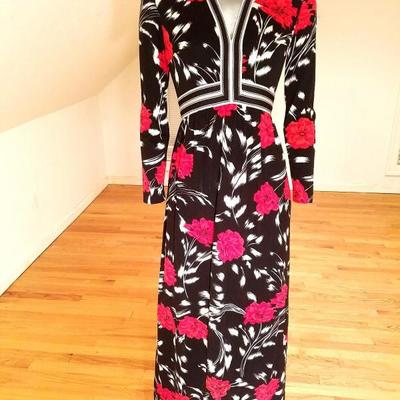 Vtg R&K 1970's maxi boho chic floral dress silver lame' trims