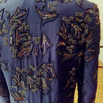 Vintage Cobalt blue silk embellished beads/sequins tunic open Jacket 