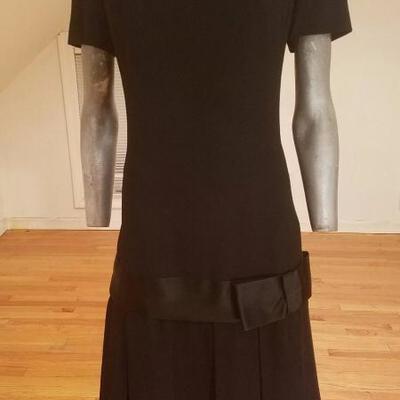 Vtg 1940's charleston drop waist pleated wool crepe dress silk bow