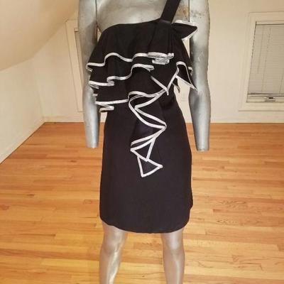 Single shoulder silk short dress silver ruffle trim Kara Janx