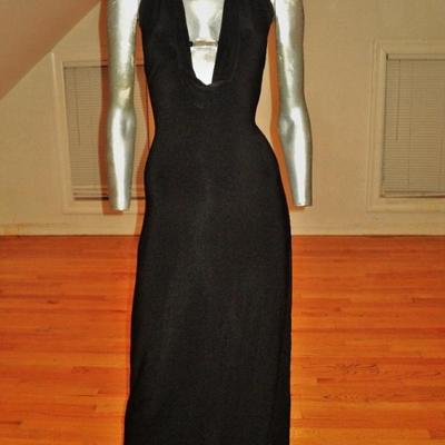 Vtg Cache' Body Con maxi dress silver front bar open piped plunge back