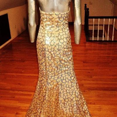 French Couture gold metallic strapless mermaid gown fishtail sequin embroidery