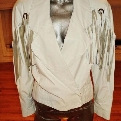 Vtg Western leather white fringe jacket metal silver hardware