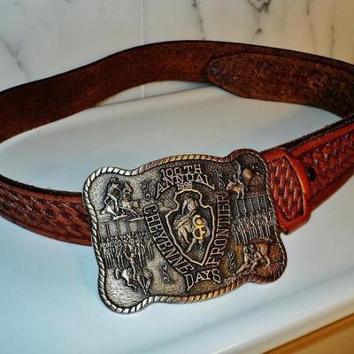  Cheyenne frontier leather carved belt solid brass buckle 100 years frontier days