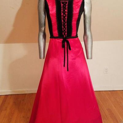 Vtg Broadway Prop stage dress tie bodice satin flame  red black velour
