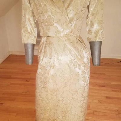 Vtg 1940's gold Brocade dress/jacket  ensemble large button metal zip