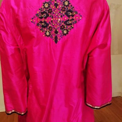 Vtg 1940's Polynesian raw silk Tunic and Pant ensemble hand embroidery/mirrors