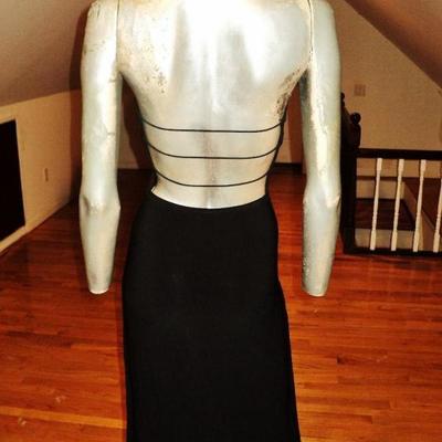 Vtg Cache' Body Con maxi dress silver front bar open piped plunge back