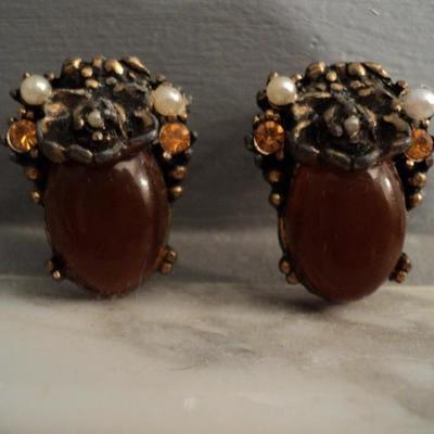 Vintage sterling  amber clip on earrings filigree bakelite and citrine