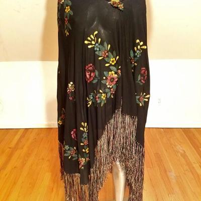  French 1930's hand painted Rare silk Shawl/Pareo crystal Brooch fringes large  