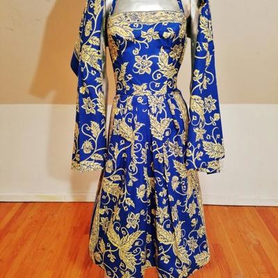 Vtg 1940's Polynesian hand painted print batik dress with long shawl ensemble