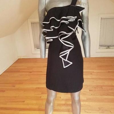 Single shoulder silk short dress silver ruffle trim Kara Janx